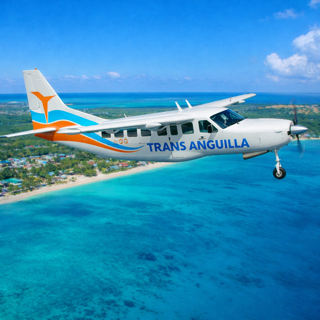 Trans Anguilla plane over turquoise Caribbean coastline